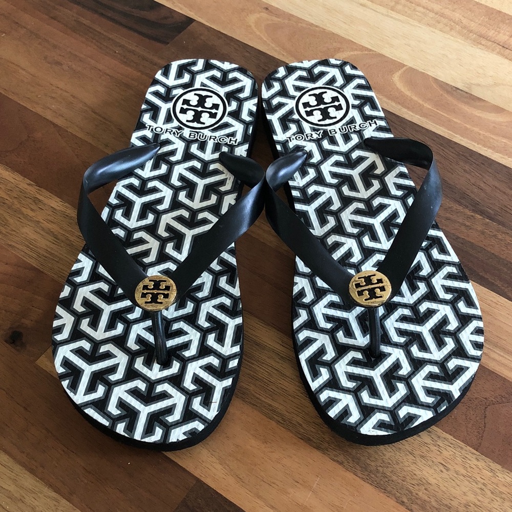 Tory Burch Black & White Geometric Logo Flip Flops